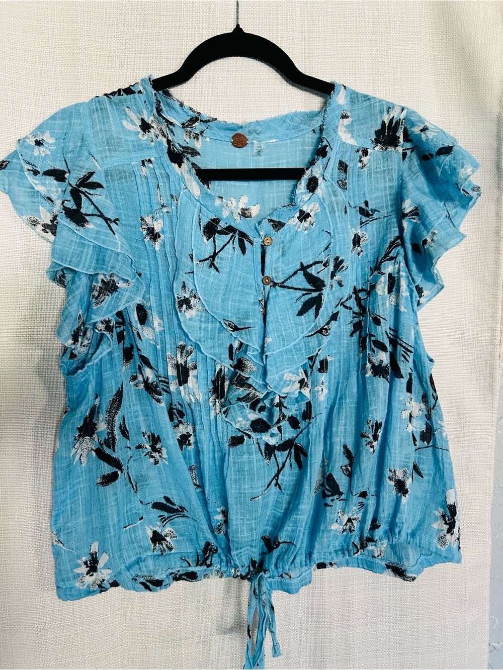 FP ONE Blue Floral Ruffle Tie-Front Blouse